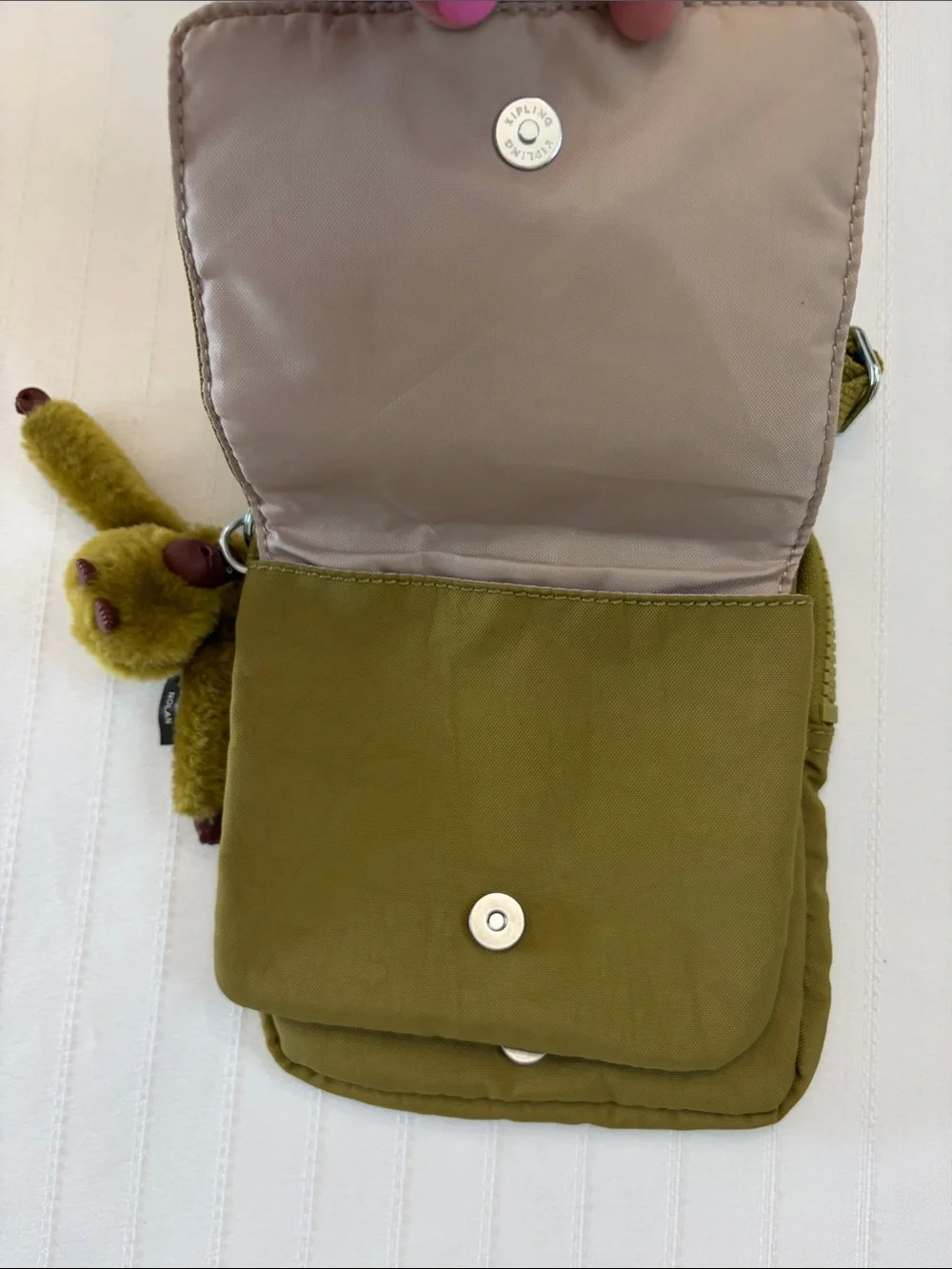 Kipling Olive Green Nylon Crossbody with Monkey Charm